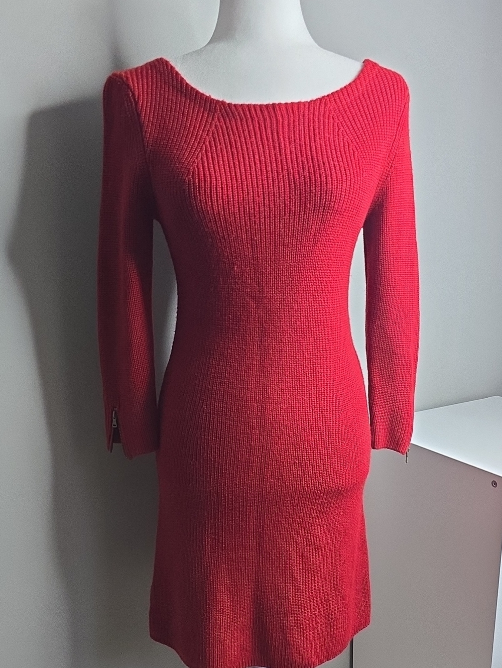 LOFT Red Ribbed Knit Sweater Dress Zipper Cuff Sleeves Size XS Holiday Cozy